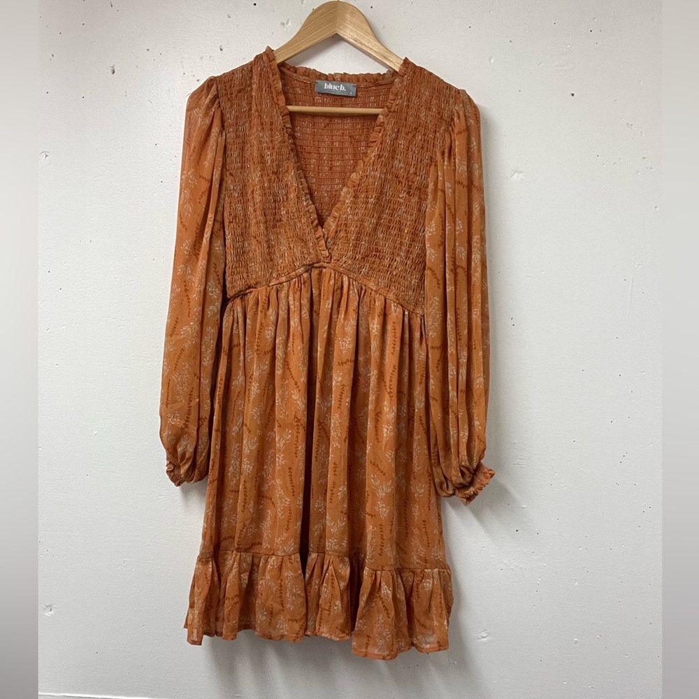 Blue B. Rust Orange Smocked Boho Ruffle Hem Dress – Size L